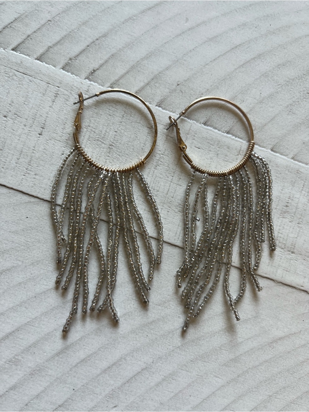 Gold Hoop Fringe Earrings with Silver a seed Bead Fringe